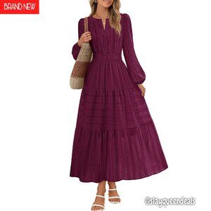 Long Sleeve Cotton Midi Dress with Pockets V Neck Tiered Maxi